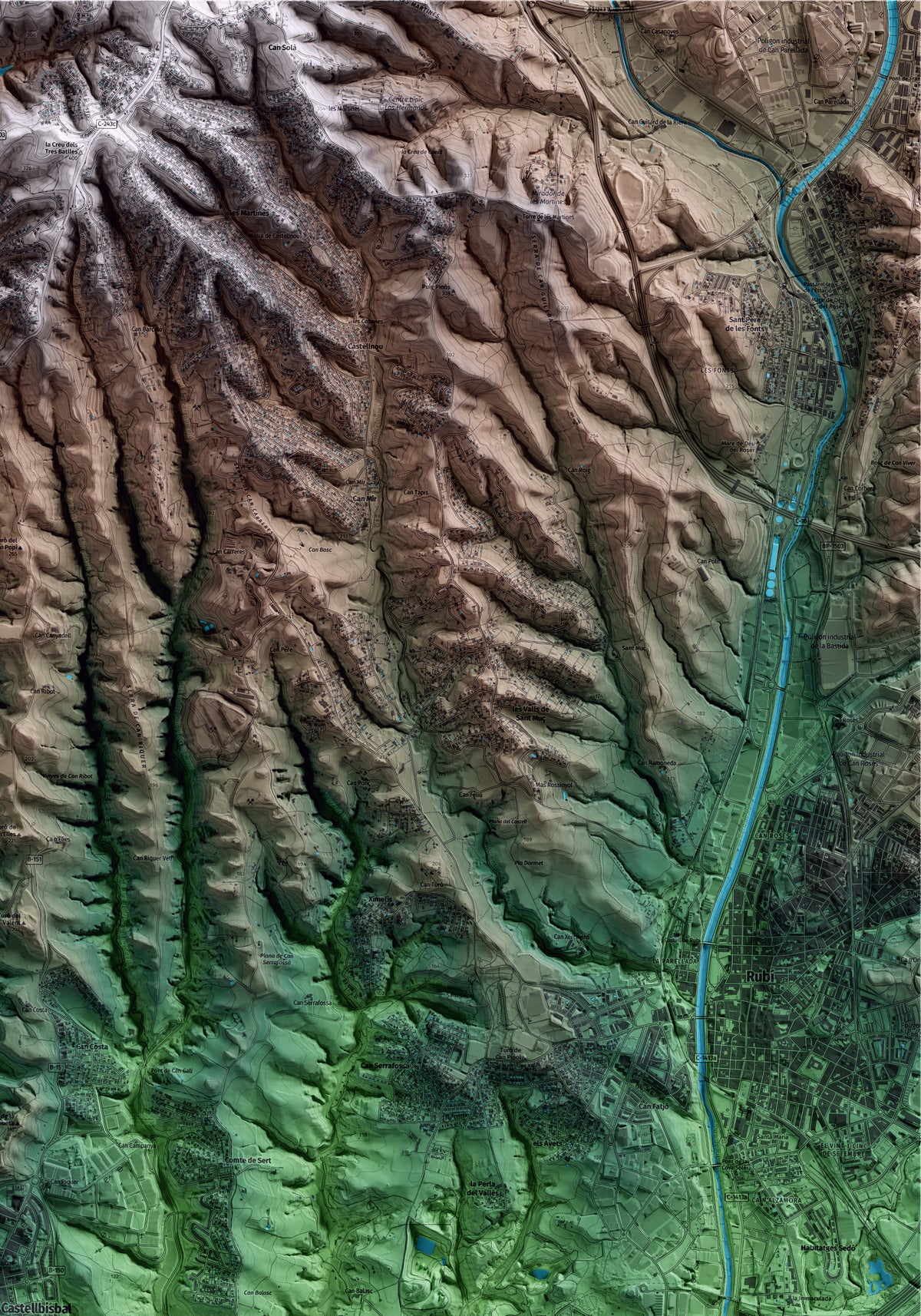 Mapa artístico del relieve de Castellbisbal, al Vallès Occidental, con 15 km de entorno y base topográfica ICGC. Detalle de la zona superior derecha.