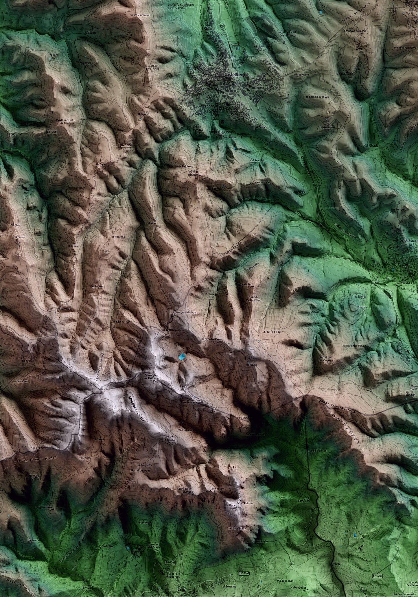 Mapa artístico del relieve de Castellcir, al Moianès, con 15 km de entorno y base topográfica ICGC. Detalle de la zona inferior izquierda.