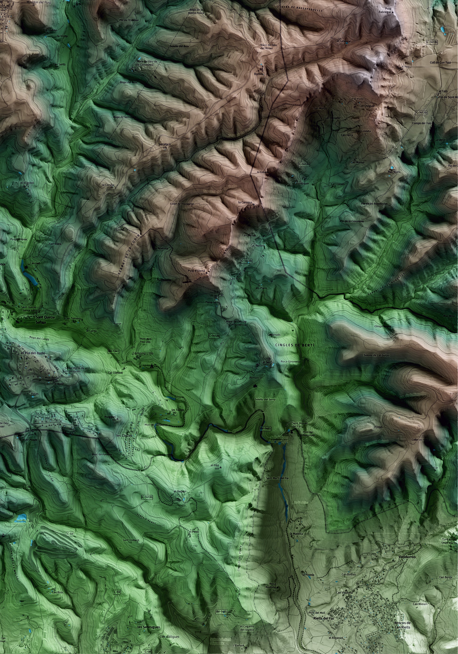Mapa artístico del relieve de Castellcir, al Moianès, con 15 km de entorno y base topográfica ICGC. Detalle de la zona inferior derecha.