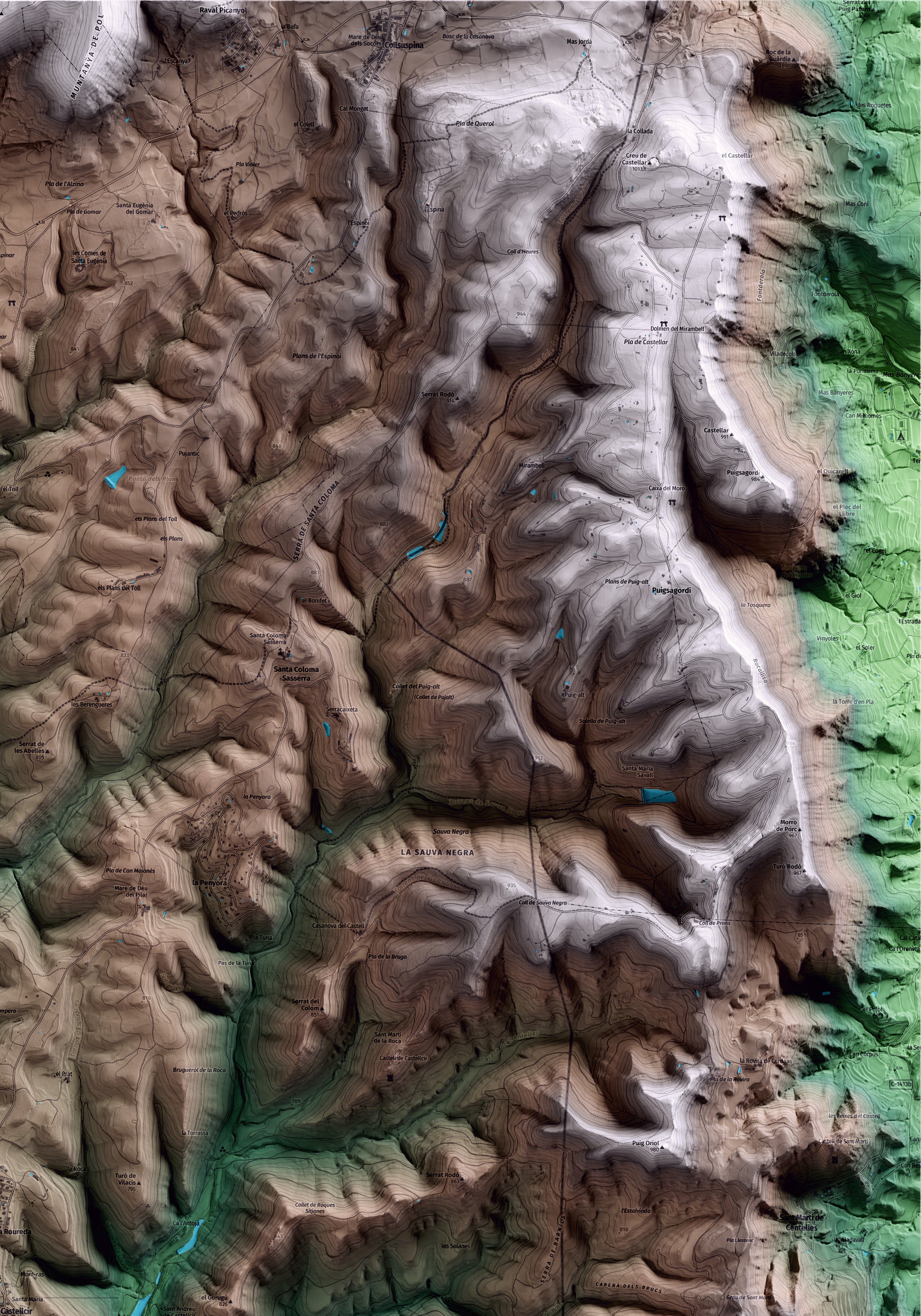Mapa artístico del relieve de Castellcir, al Moianès, con 15 km de entorno y base topográfica ICGC. Detalle de la zona superior derecha.