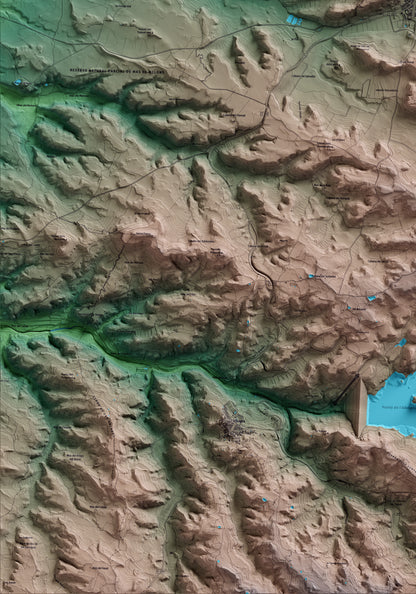 Mapa artístico del relieve de Castelldans, a las Garrigues, con 15 km de entorno y base topográfica ICGC. Detalle de la zona inferior izquierda.