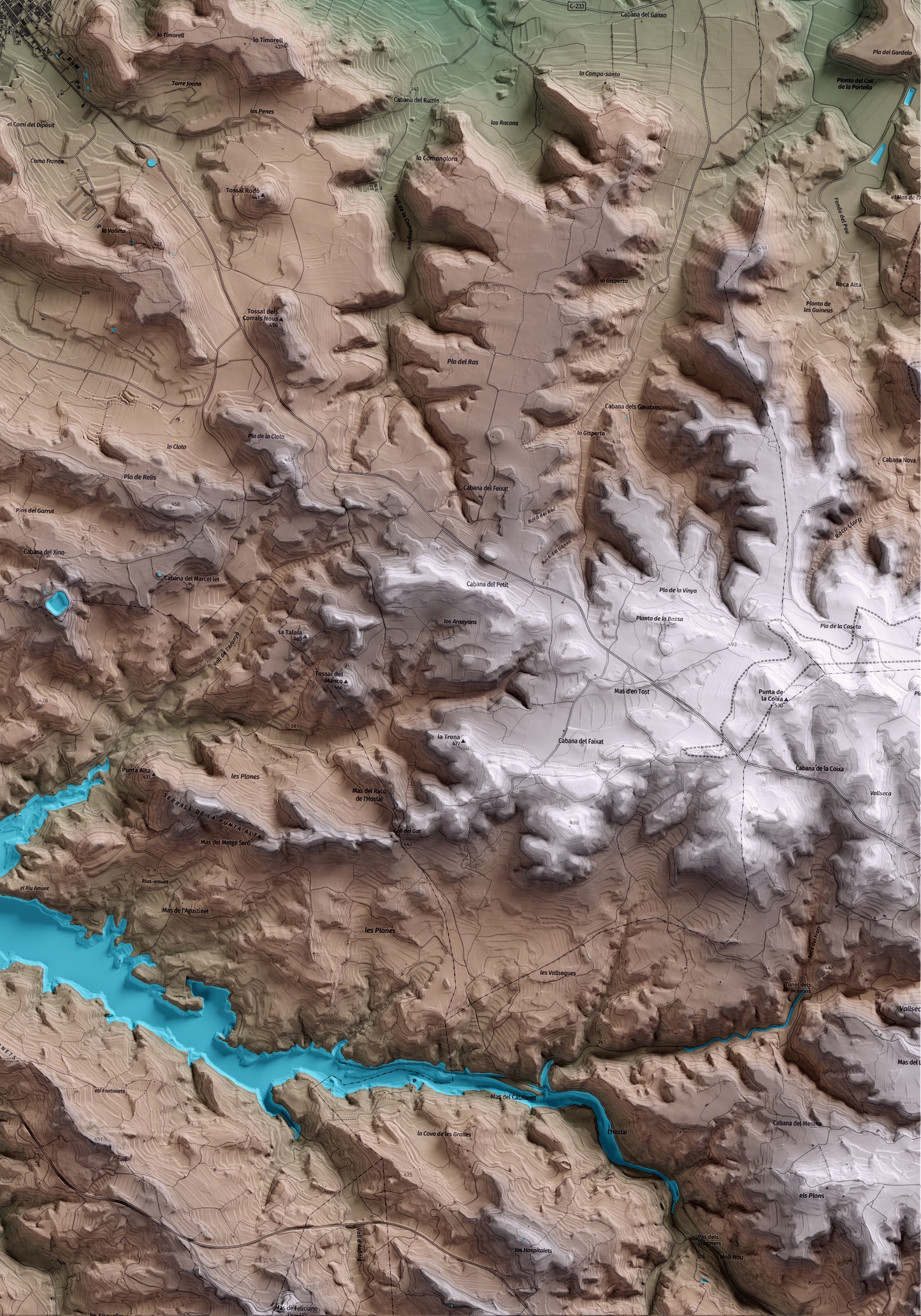 Mapa artístico del relieve de Castelldans, a las Garrigues, con 15 km de entorno y base topográfica ICGC. Detalle de la zona inferior derecha.