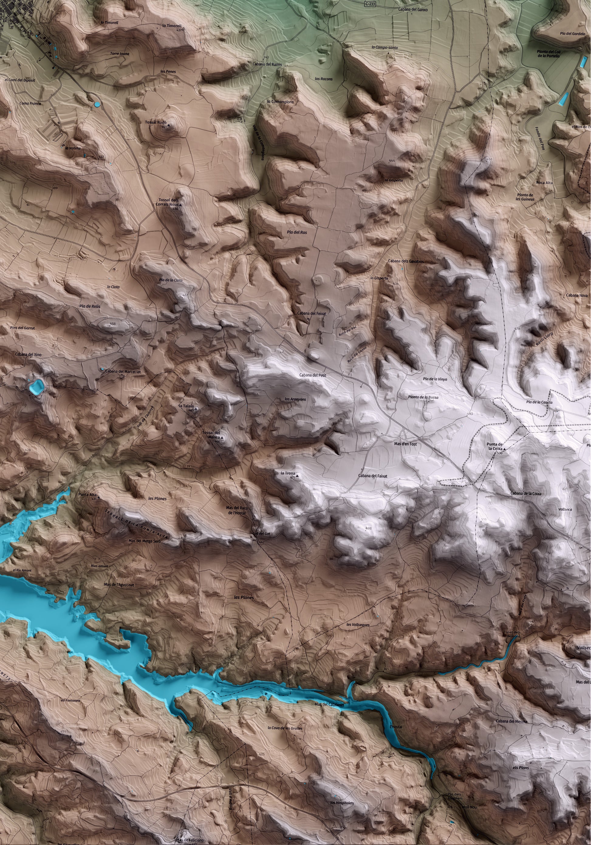 Mapa artístico del relieve de Castelldans, a las Garrigues, con 15 km de entorno y base topográfica ICGC. Detalle de la zona inferior derecha.