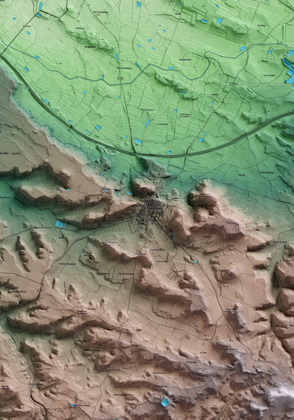 Mapa artístico del relieve de Castelldans, a las Garrigues, con 15 km de entorno y base topográfica ICGC. Detalle de la zona central.