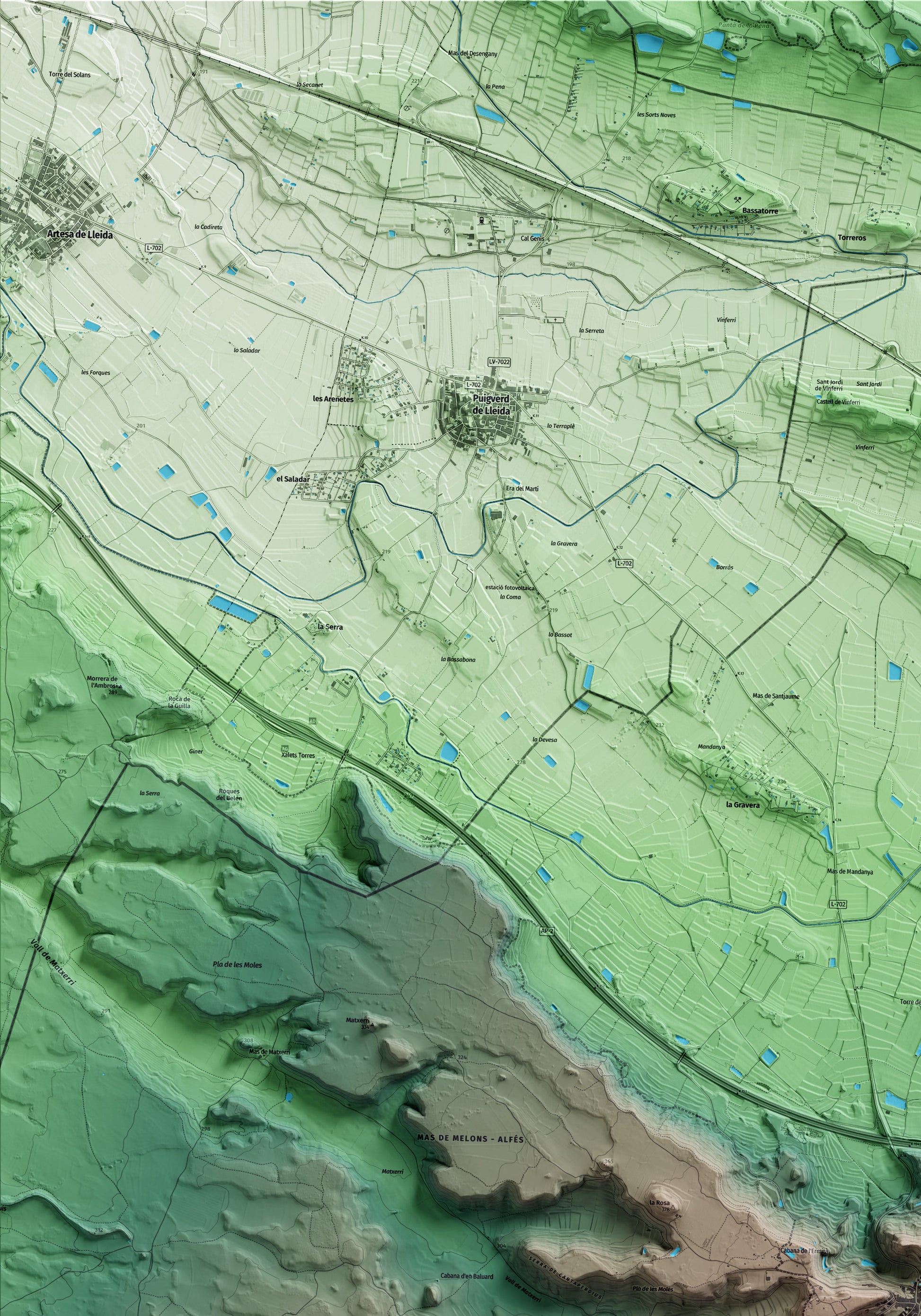 Mapa artístico del relieve de Castelldans, a las Garrigues, con 15 km de entorno y base topográfica ICGC. Detalle de la zona superior izquierda.