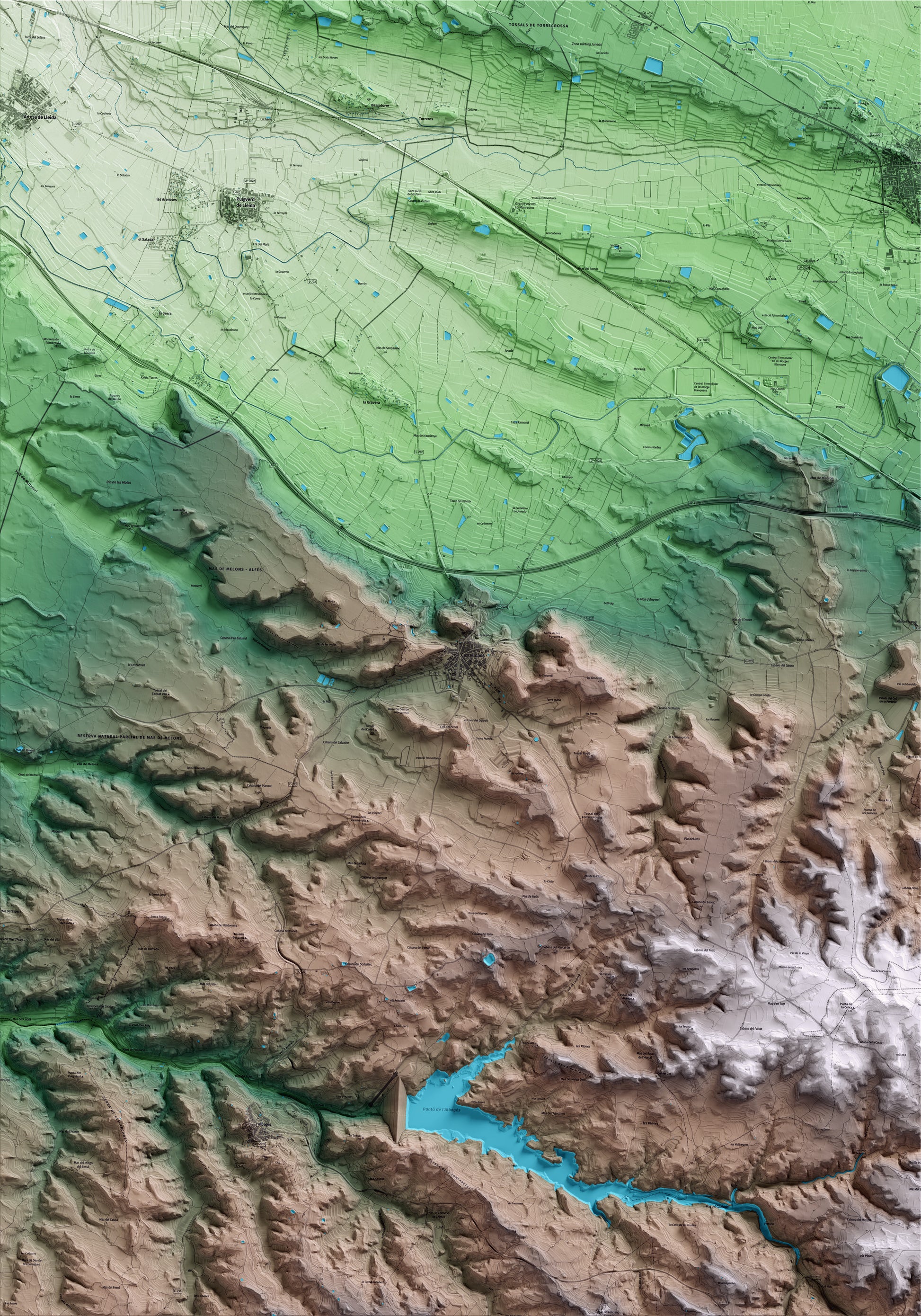 Mapa artístico del relieve de Castelldans, a las Garrigues, con 15 km de entorno y base topográfica ICGC