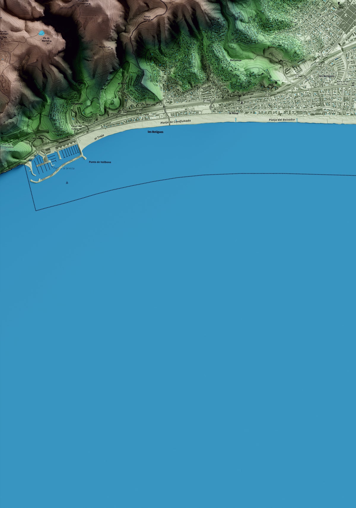 Mapa artístico del relieve de Castelldefels, al Baix Llobregat, con 15 km de entorno y base topográfica ICGC. Detalle de la zona inferior izquierda.