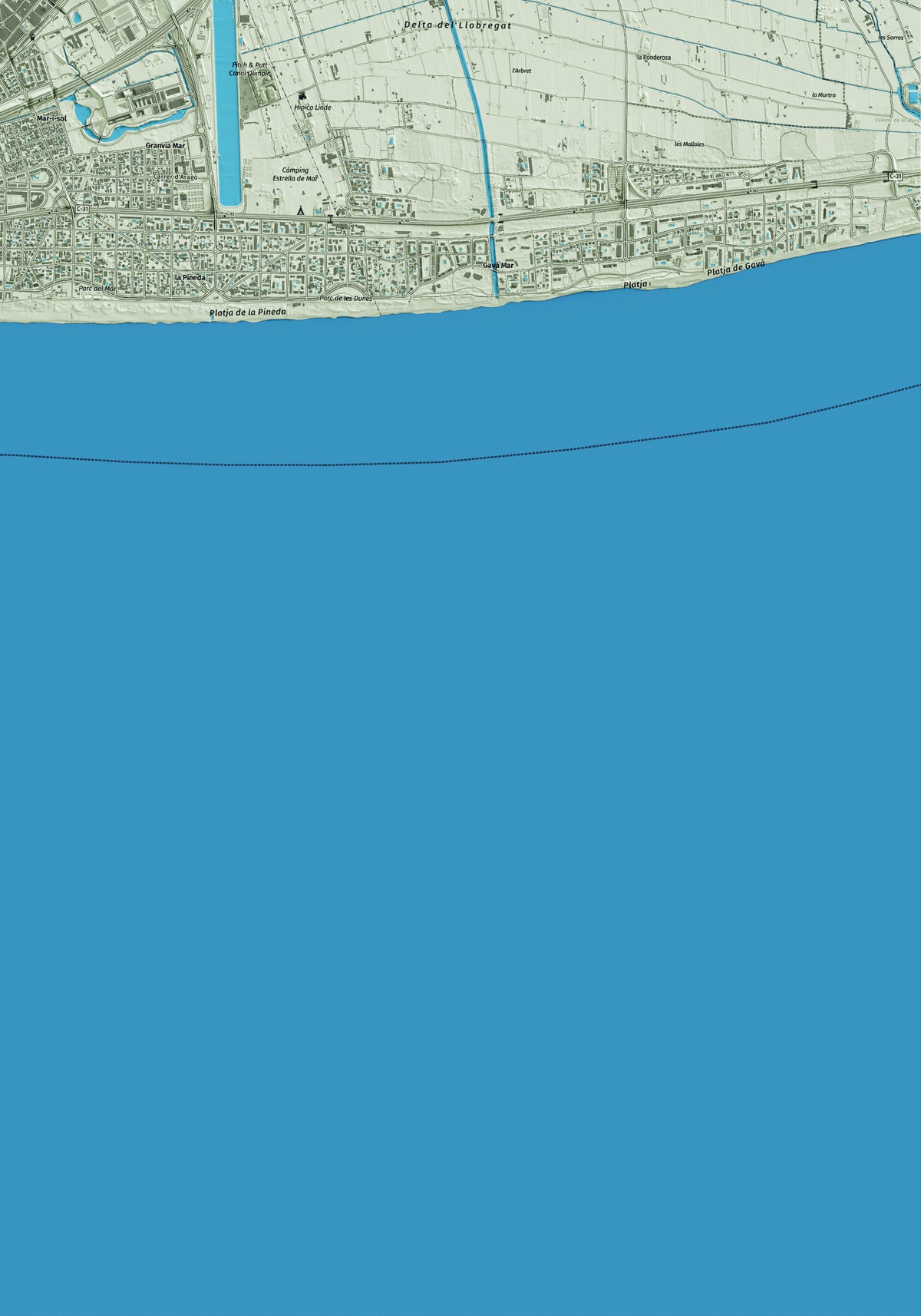 Mapa artístico del relieve de Castelldefels, al Baix Llobregat, con 15 km de entorno y base topográfica ICGC. Detalle de la zona inferior derecha.