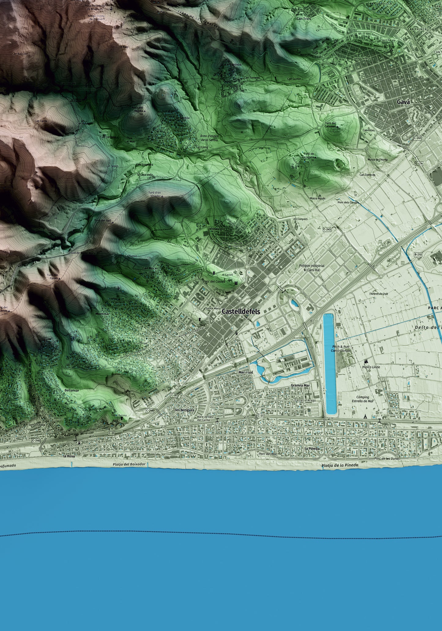 Mapa artístico del relieve de Castelldefels, al Baix Llobregat, con 15 km de entorno y base topográfica ICGC. Detalle de la zona central.