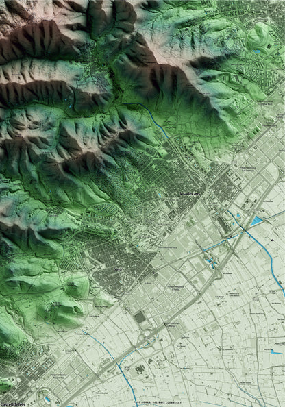 Mapa artístico del relieve de Castelldefels, al Baix Llobregat, con 15 km de entorno y base topográfica ICGC. Detalle de la zona superior derecha.