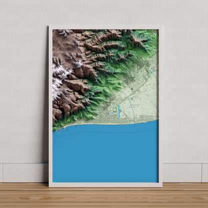 Mapa artístico del relieve de Castelldefels, al Baix Llobregat, con 15 km de entorno y base topográfica ICGC. Presentación enmarcada.