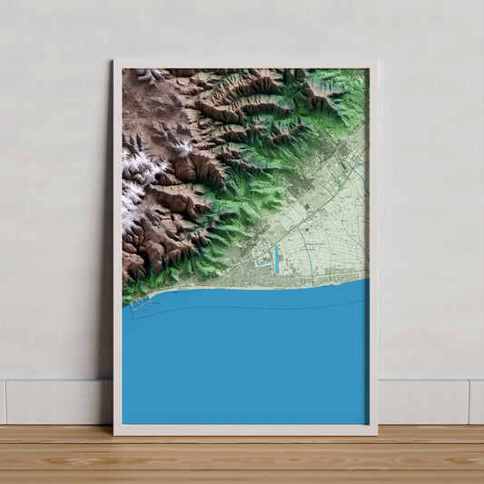 Mapa artístico del relieve de Castelldefels, al Baix Llobregat, con 15 km de entorno y base topográfica ICGC. Presentación enmarcada.