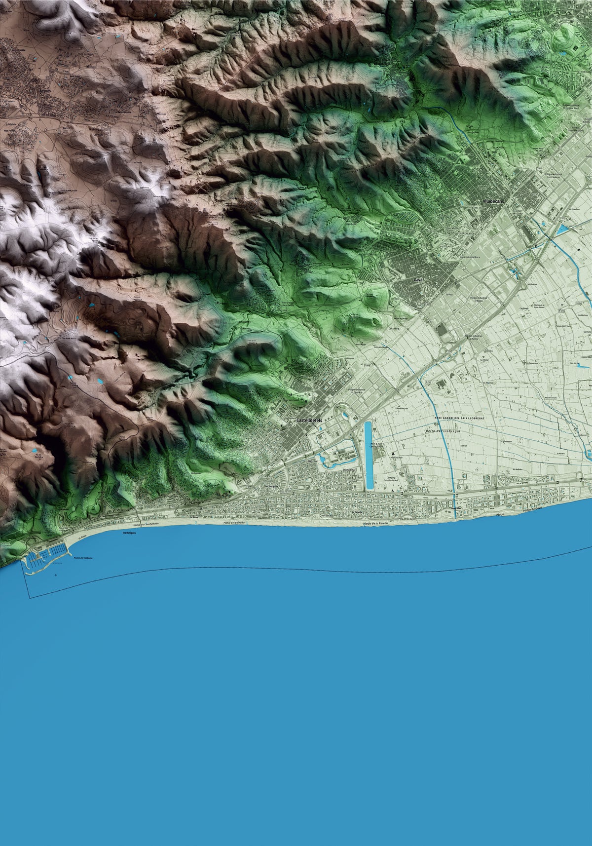 Mapa artístico del relieve de Castelldefels, al Baix Llobregat, con 15 km de entorno y base topográfica ICGC