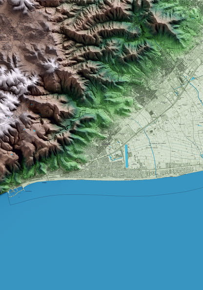 Mapa artístico del relieve de Castelldefels, al Baix Llobregat, con 15 km de entorno y base topográfica ICGC