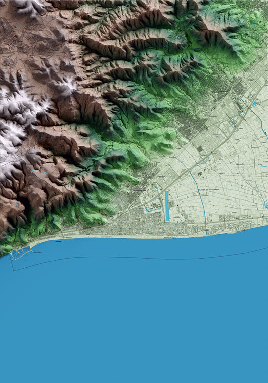 Mapa artístico del relieve de Castelldefels, al Baix Llobregat, con 15 km de entorno y base topográfica ICGC