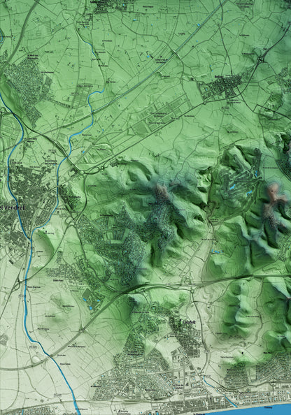 Mapa artístico del relieve de Castellet i la Gornal, al Alt Penedès, con 15 km de entorno y base topográfica ICGC. Detalle de la zona inferior izquierda.