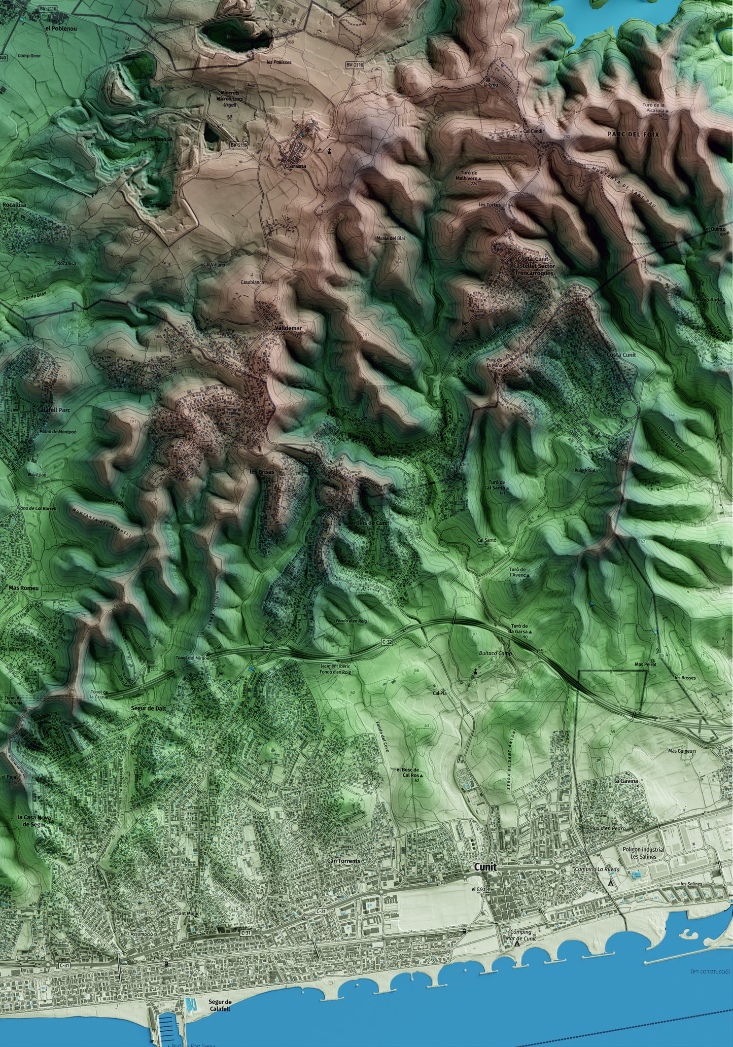 Mapa artístico del relieve de Castellet i la Gornal, al Alt Penedès, con 15 km de entorno y base topográfica ICGC. Detalle de la zona inferior derecha.