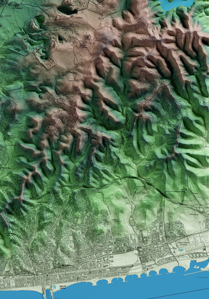 Mapa artístico del relieve de Castellet i la Gornal, al Alt Penedès, con 15 km de entorno y base topográfica ICGC. Detalle de la zona inferior derecha.