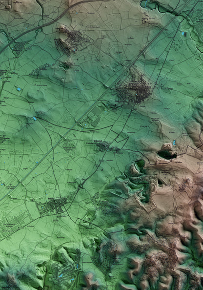 Mapa artístico del relieve de Castellet i la Gornal, al Alt Penedès, con 15 km de entorno y base topográfica ICGC. Detalle de la zona central.