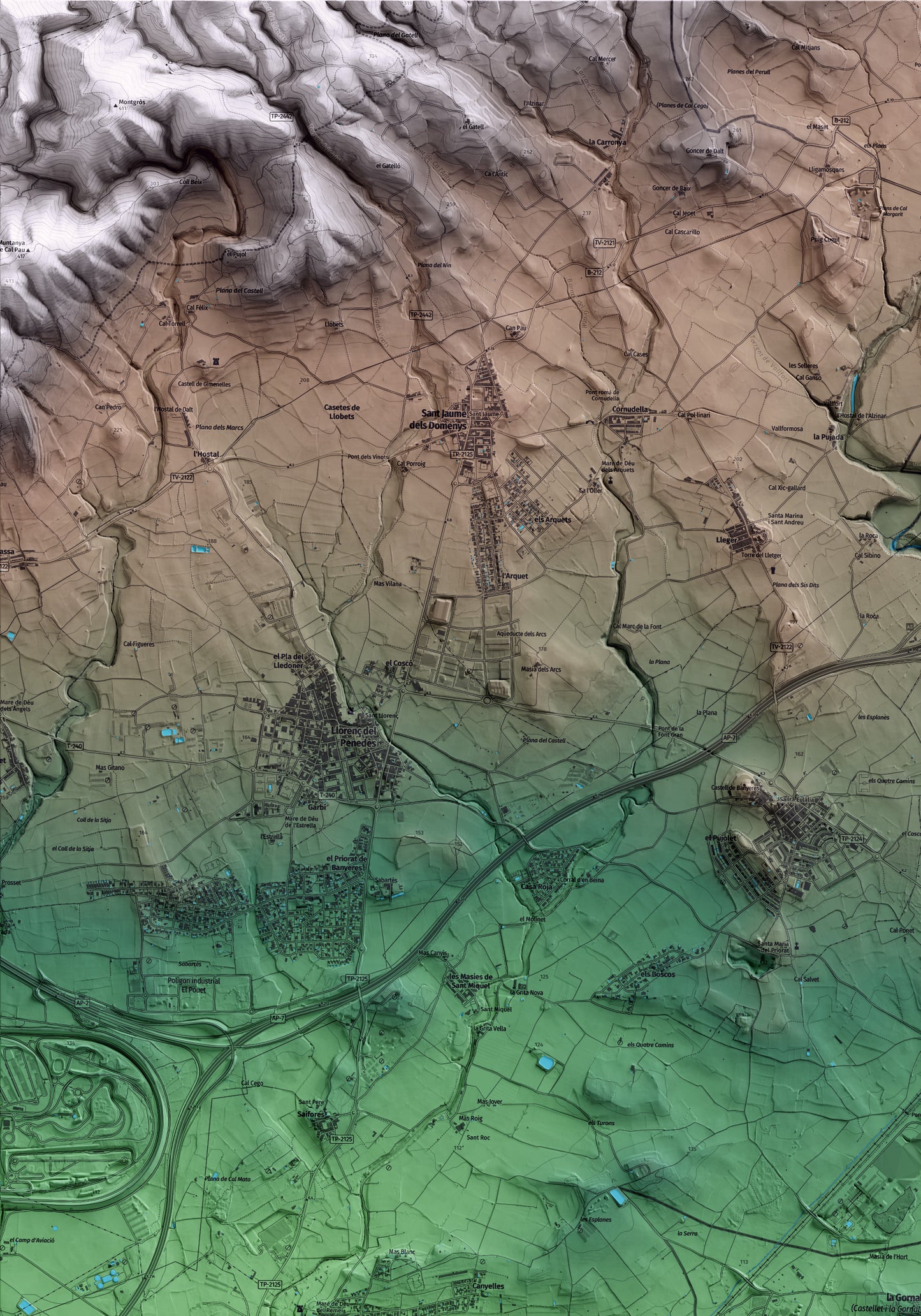 Mapa artístico del relieve de Castellet i la Gornal, al Alt Penedès, con 15 km de entorno y base topográfica ICGC. Detalle de la zona superior izquierda.