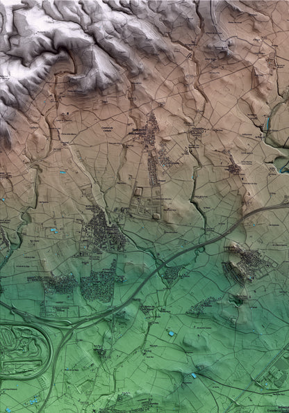 Mapa artístico del relieve de Castellet i la Gornal, al Alt Penedès, con 15 km de entorno y base topográfica ICGC. Detalle de la zona superior izquierda.