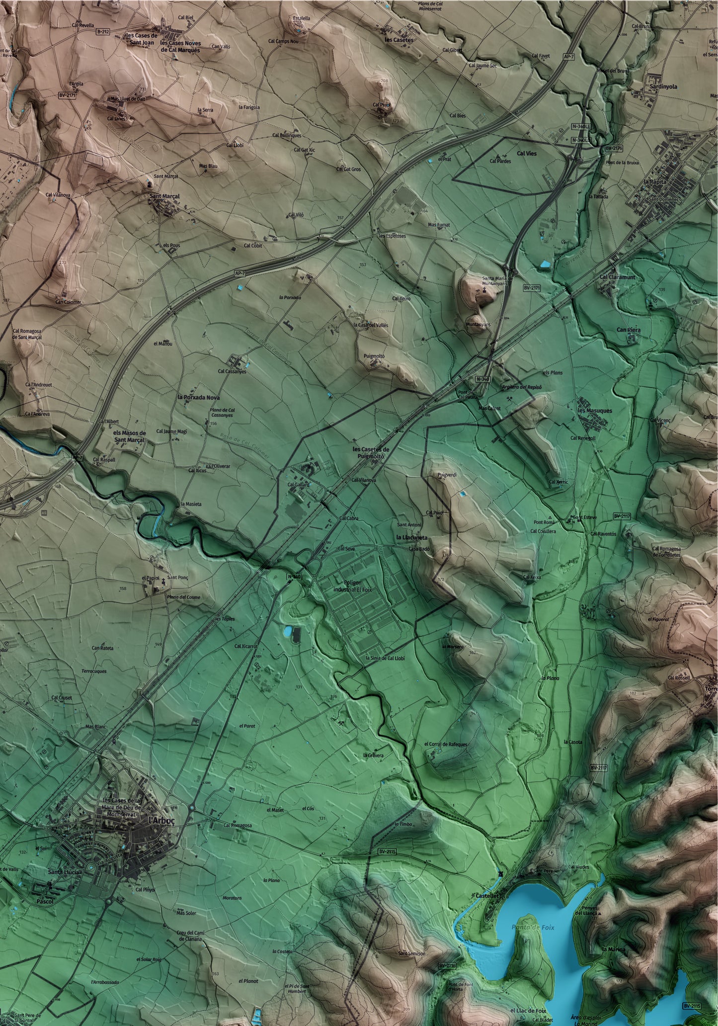 Mapa artístico del relieve de Castellet i la Gornal, al Alt Penedès, con 15 km de entorno y base topográfica ICGC. Detalle de la zona superior derecha.