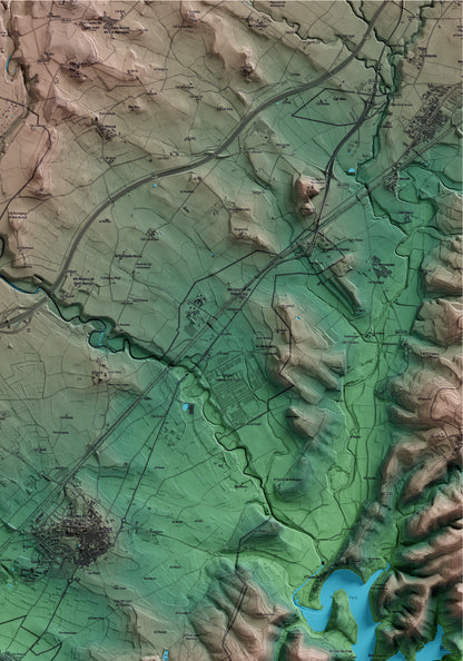 Mapa artístico del relieve de Castellet i la Gornal, al Alt Penedès, con 15 km de entorno y base topográfica ICGC. Detalle de la zona superior derecha.