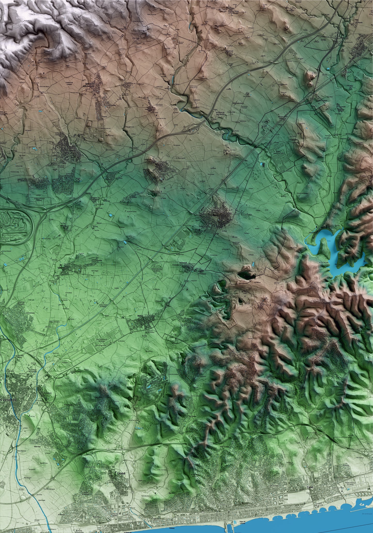 Mapa artístico del relieve de Castellet i la Gornal, al Alt Penedès, con 15 km de entorno y base topográfica ICGC