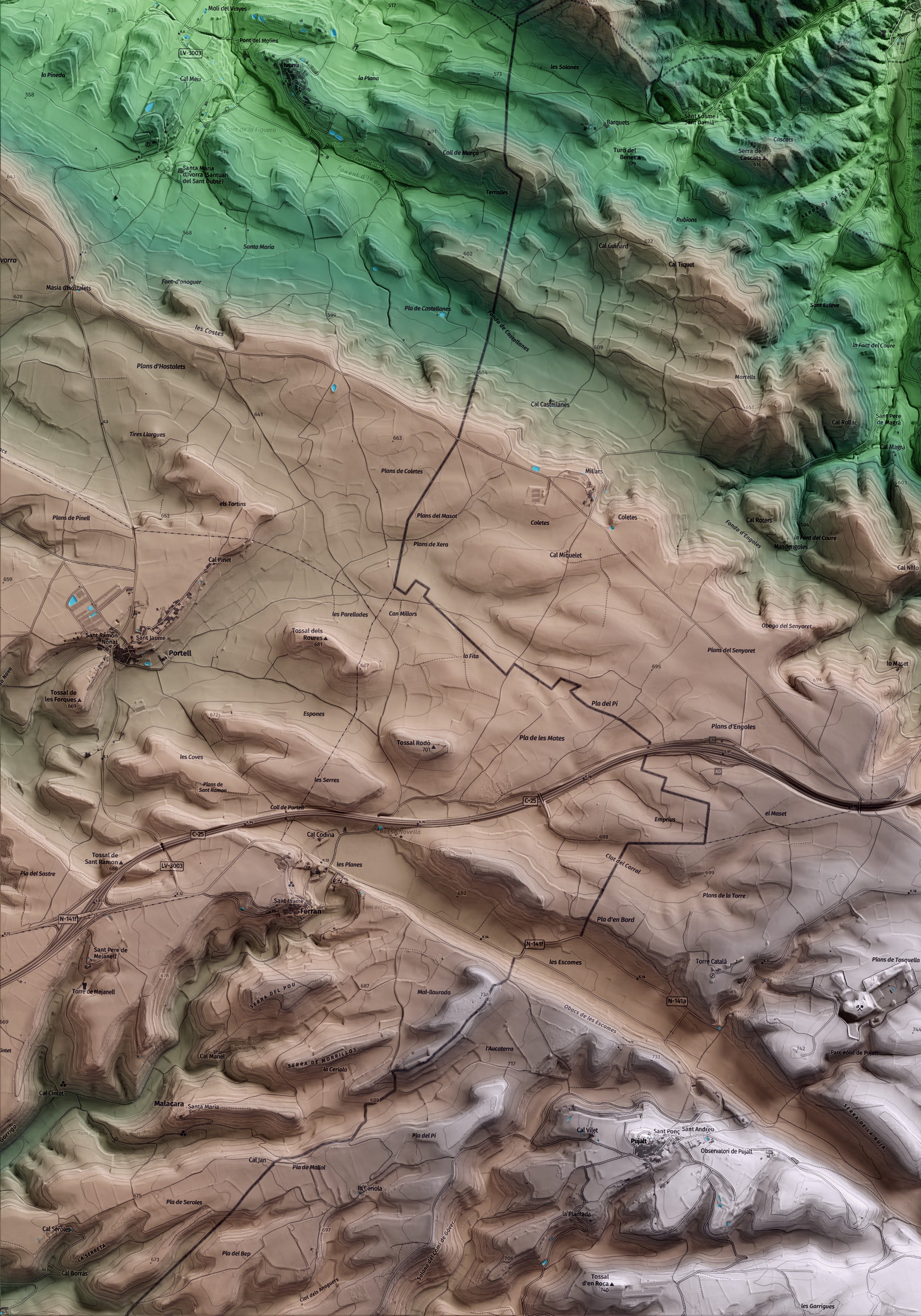 Mapa artístico del relieve de Castellfollit de Riubregós, al Anoia, con 15 km de entorno y base topográfica ICGC. Detalle de la zona inferior izquierda.