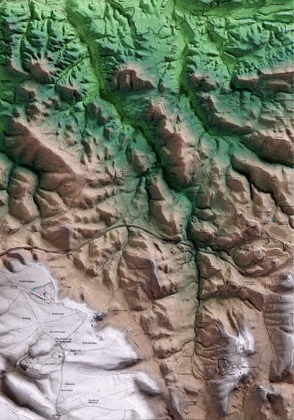 Mapa artístico del relieve de Castellfollit de Riubregós, al Anoia, con 15 km de entorno y base topográfica ICGC. Detalle de la zona inferior derecha.
