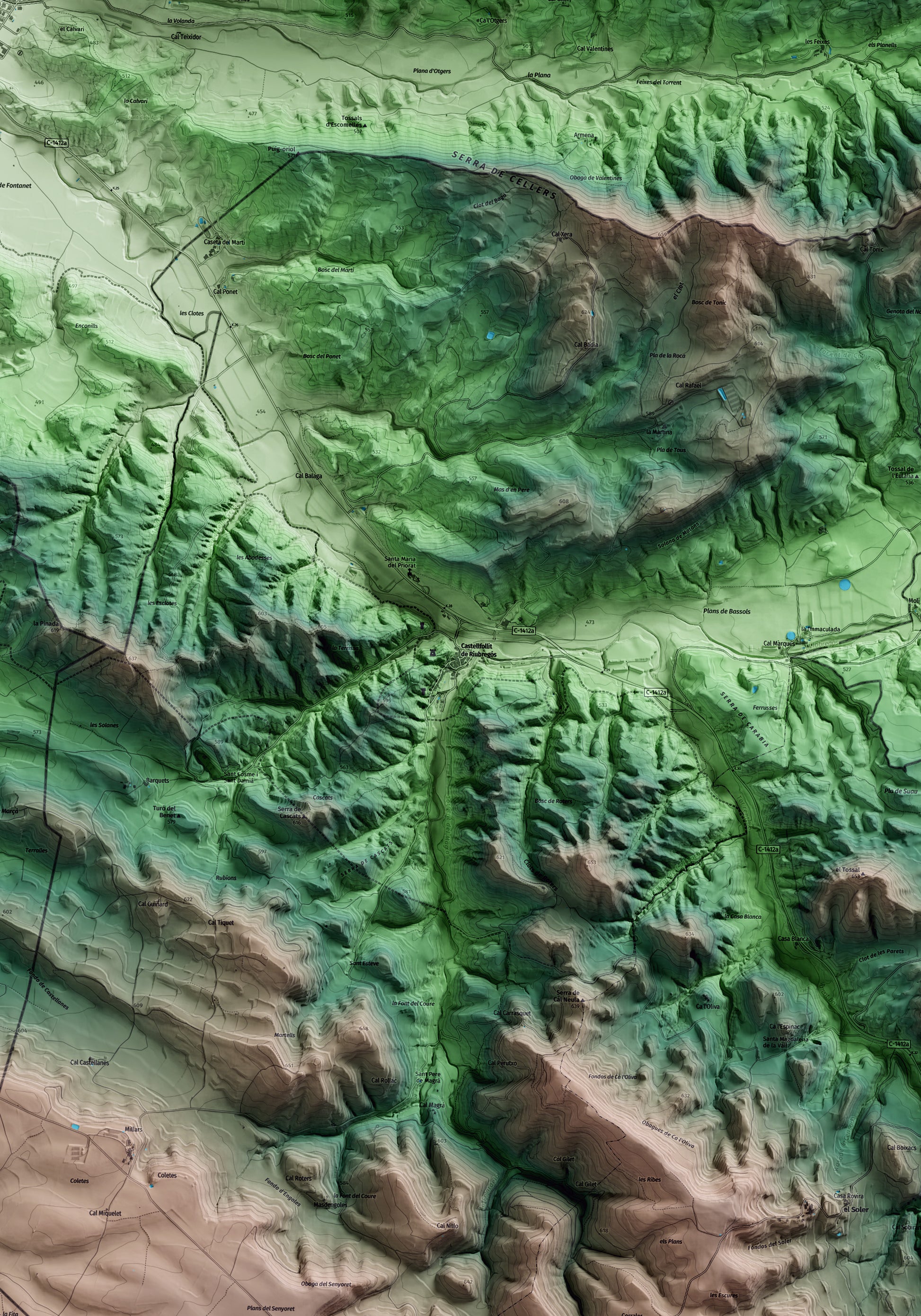 Mapa artístico del relieve de Castellfollit de Riubregós, al Anoia, con 15 km de entorno y base topográfica ICGC. Detalle de la zona central.