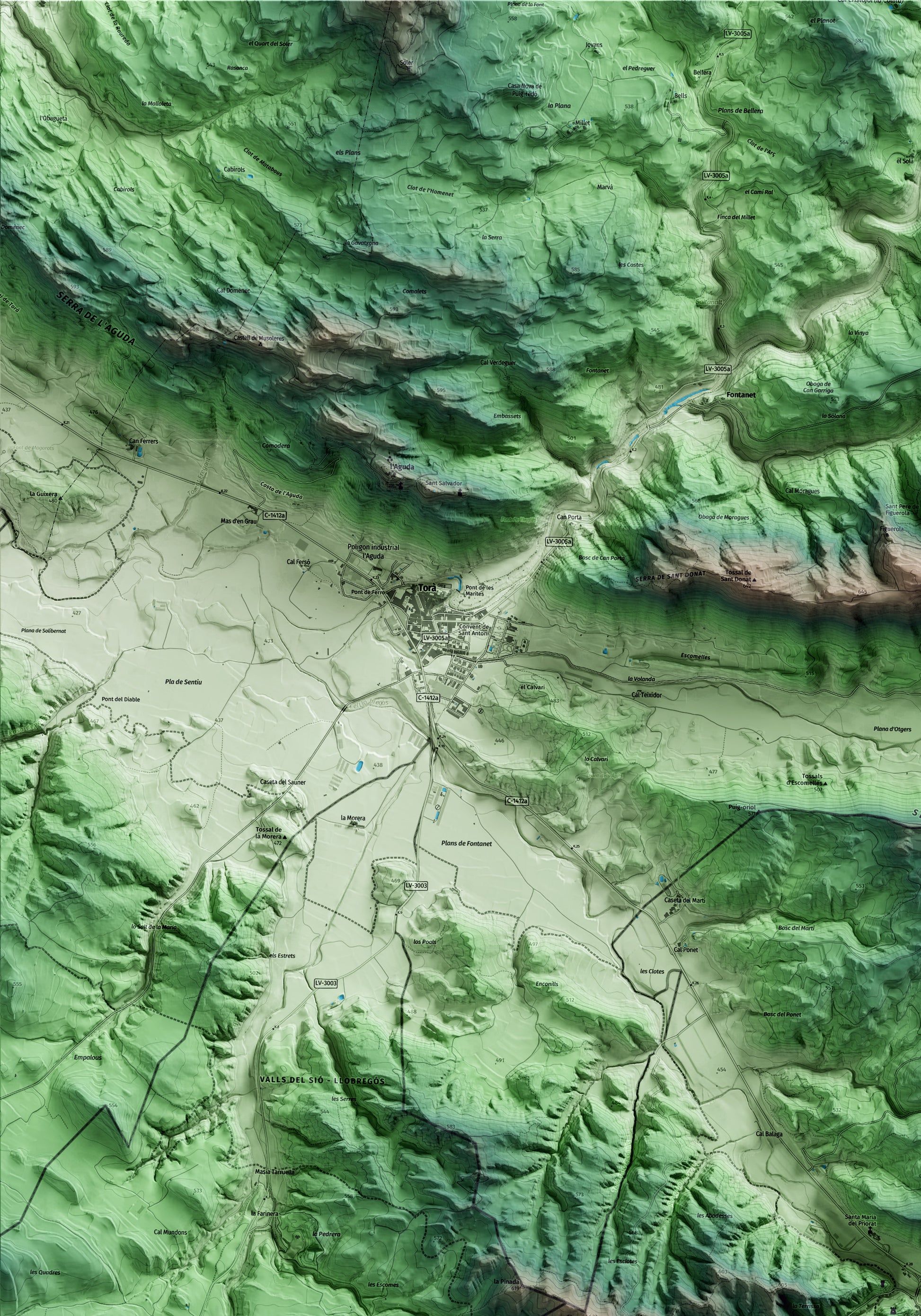 Mapa artístico del relieve de Castellfollit de Riubregós, al Anoia, con 15 km de entorno y base topográfica ICGC. Detalle de la zona superior izquierda.
