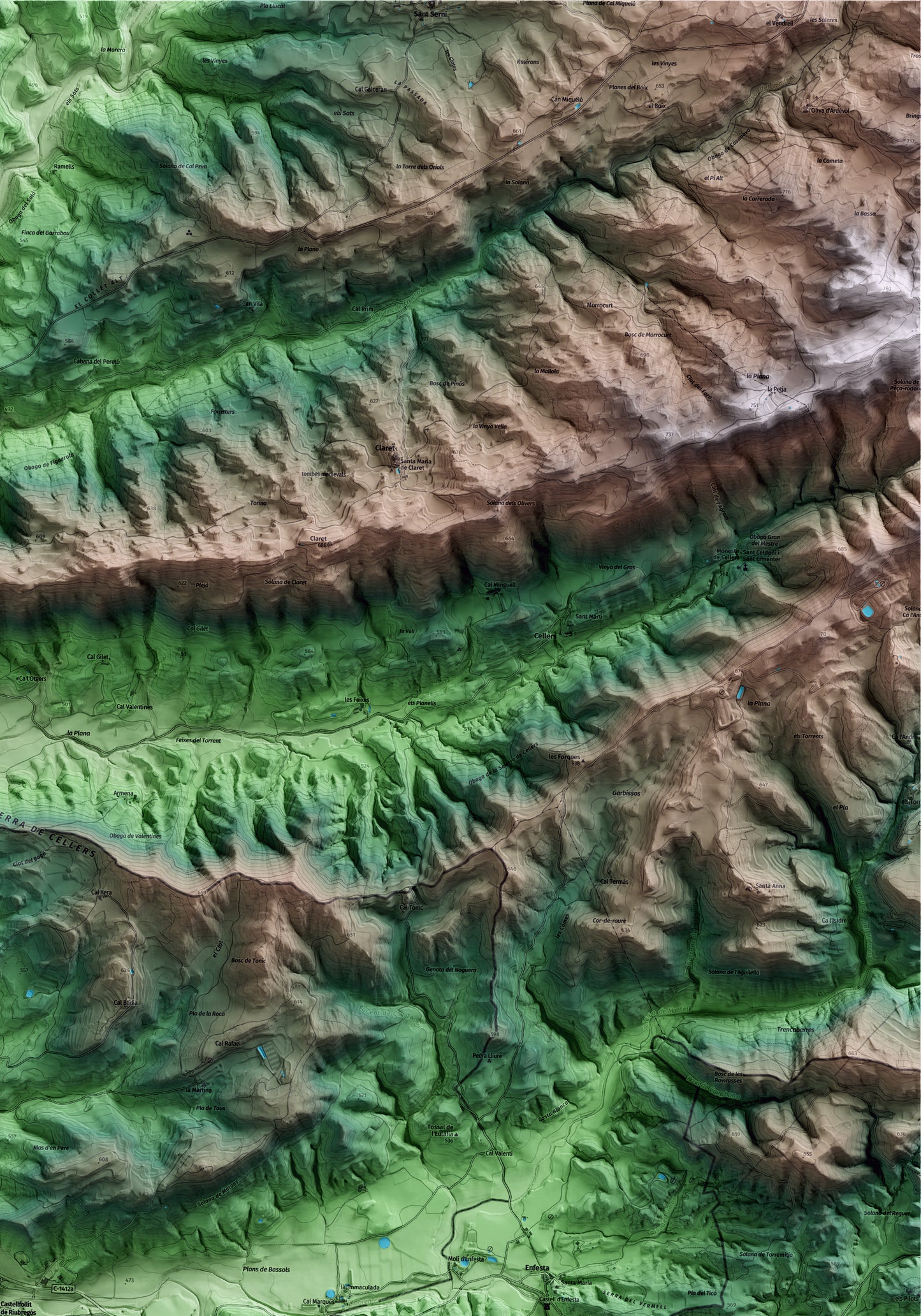 Mapa artístico del relieve de Castellfollit de Riubregós, al Anoia, con 15 km de entorno y base topográfica ICGC. Detalle de la zona superior derecha.
