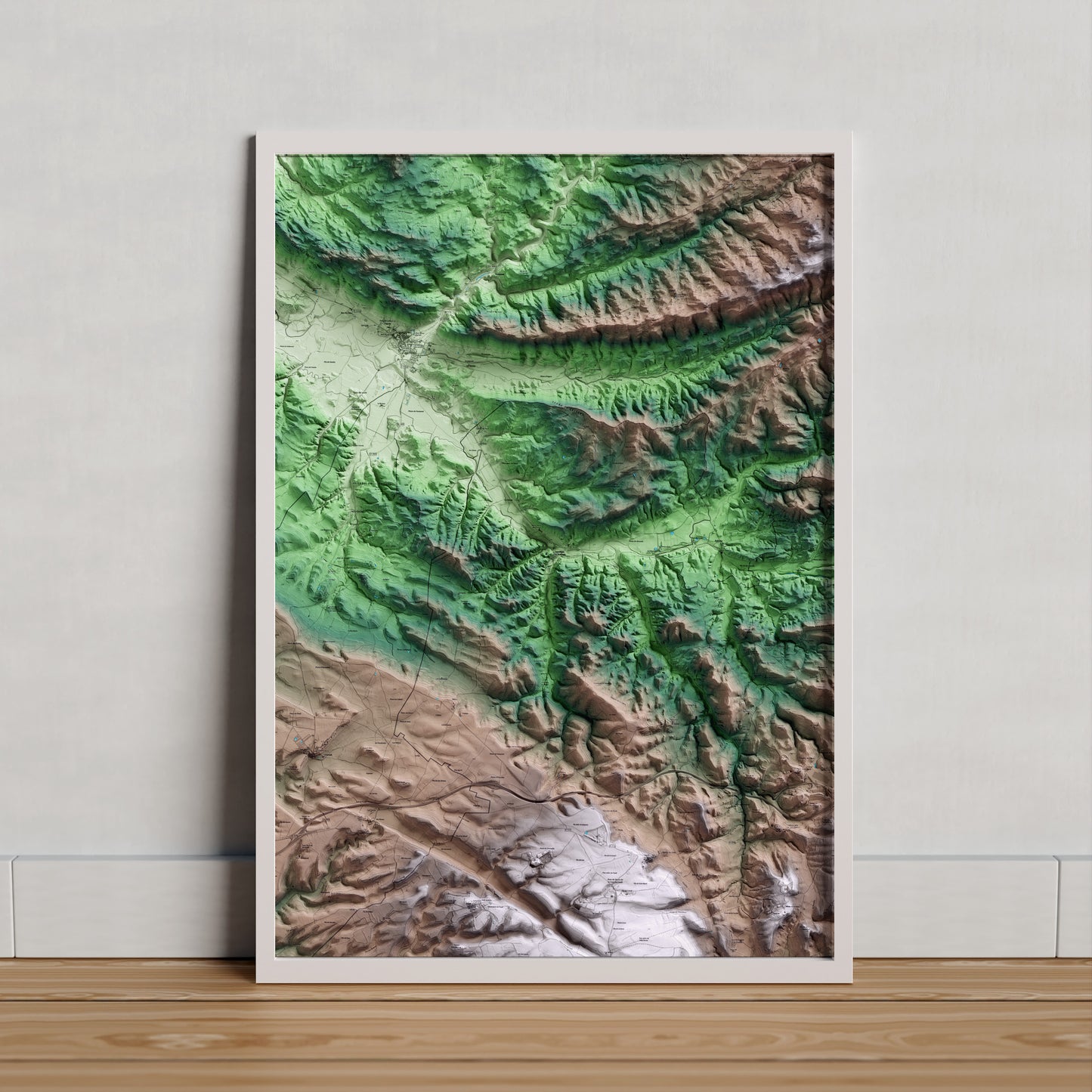 Mapa artístico del relieve de Castellfollit de Riubregós, al Anoia, con 15 km de entorno y base topográfica ICGC. Presentación enmarcada.