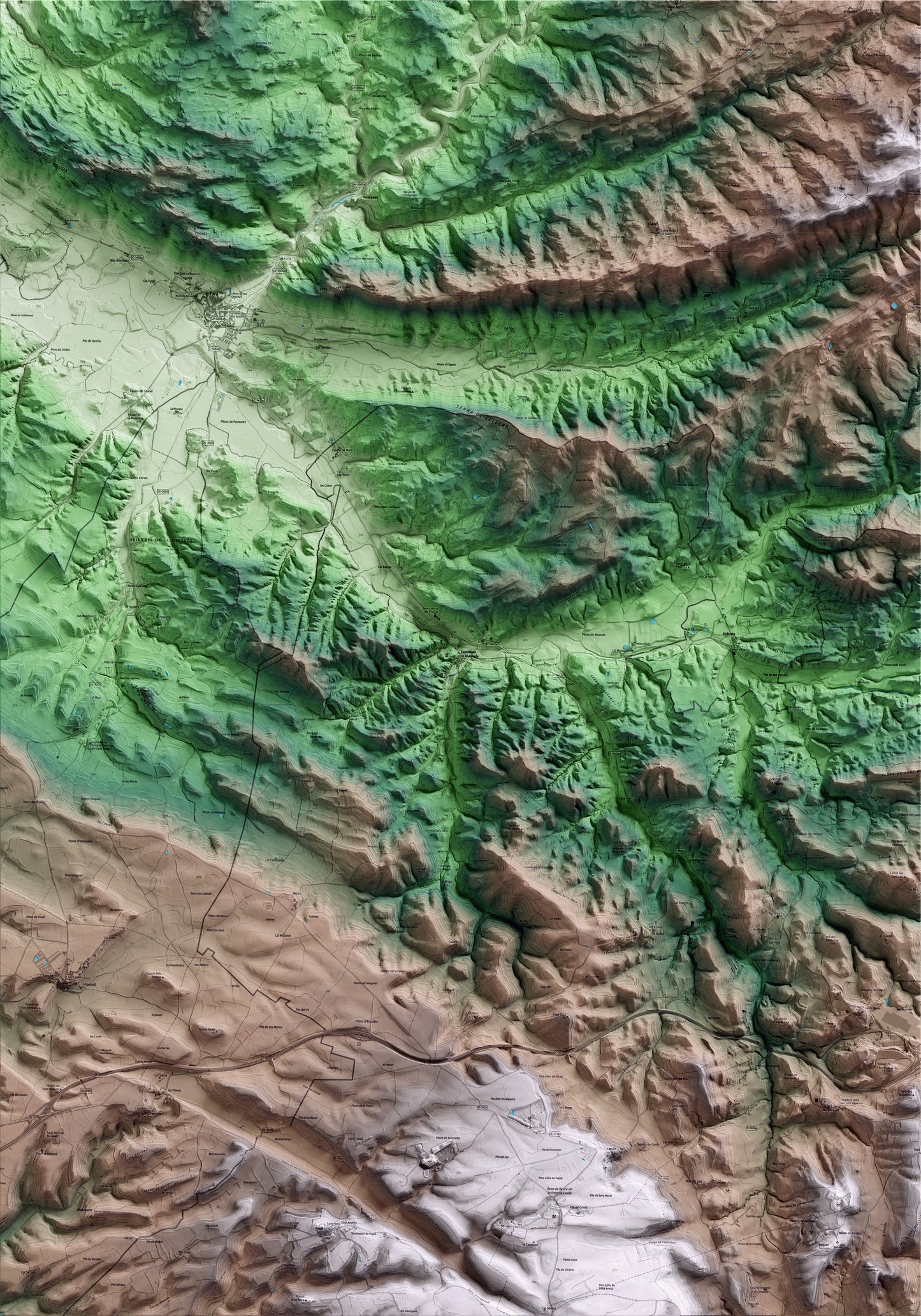 Mapa artístico del relieve de Castellfollit de Riubregós, al Anoia, con 15 km de entorno y base topográfica ICGC