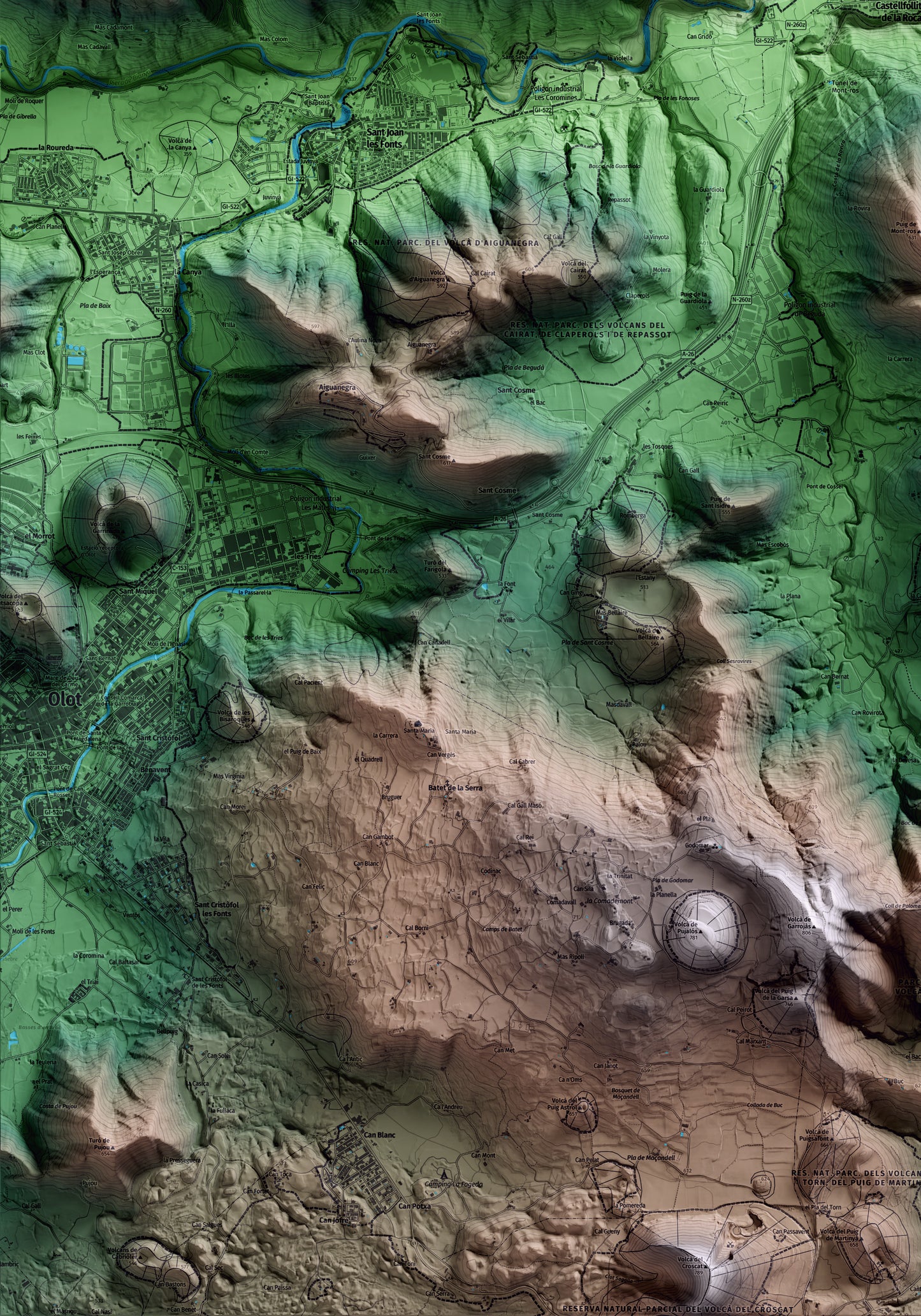 Mapa artístico del relieve de Castellfollit de la Roca, a la Garrotxa, con 15 km de entorno y base topográfica ICGC. Detalle de la zona inferior izquierda.