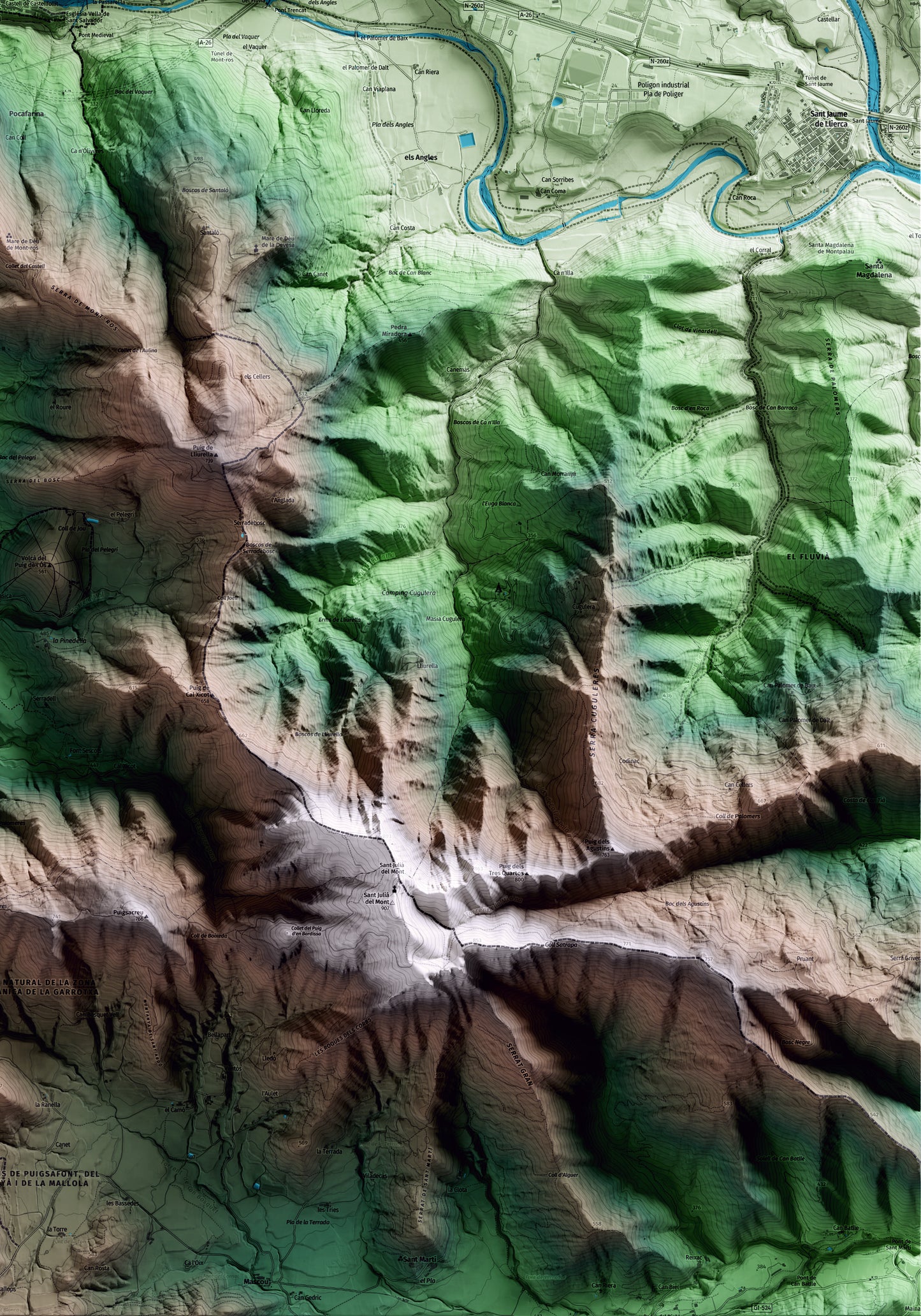 Mapa artístico del relieve de Castellfollit de la Roca, a la Garrotxa, con 15 km de entorno y base topográfica ICGC. Detalle de la zona inferior derecha.