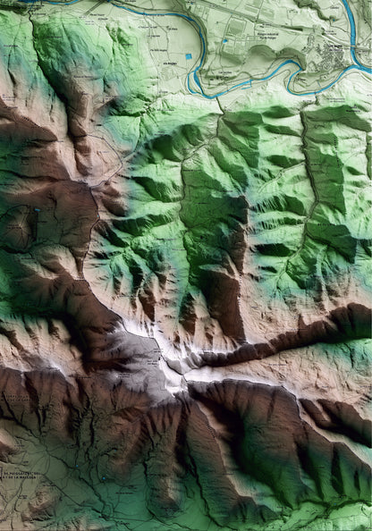 Mapa artístico del relieve de Castellfollit de la Roca, a la Garrotxa, con 15 km de entorno y base topográfica ICGC. Detalle de la zona inferior derecha.