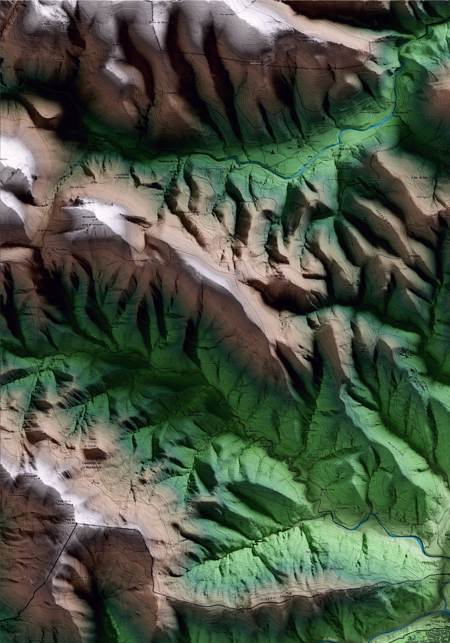 Mapa artístico del relieve de Castellfollit de la Roca, a la Garrotxa, con 15 km de entorno y base topográfica ICGC. Detalle de la zona superior izquierda.