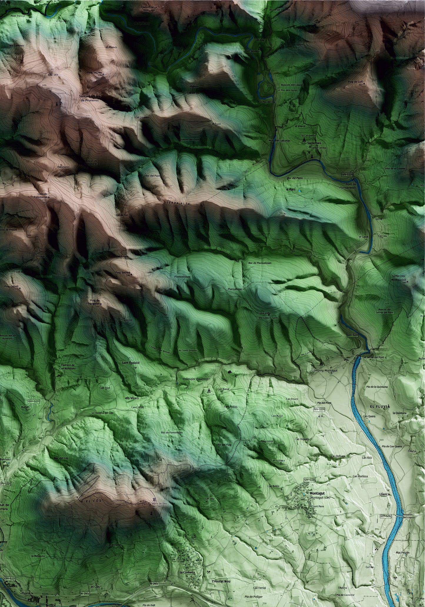 Mapa artístico del relieve de Castellfollit de la Roca, a la Garrotxa, con 15 km de entorno y base topográfica ICGC. Detalle de la zona superior derecha.