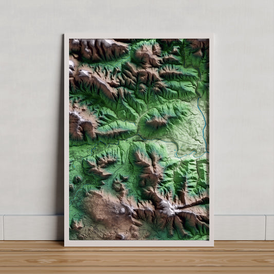 Mapa artístico del relieve de Castellfollit de la Roca, a la Garrotxa, con 15 km de entorno y base topográfica ICGC. Presentación enmarcada.