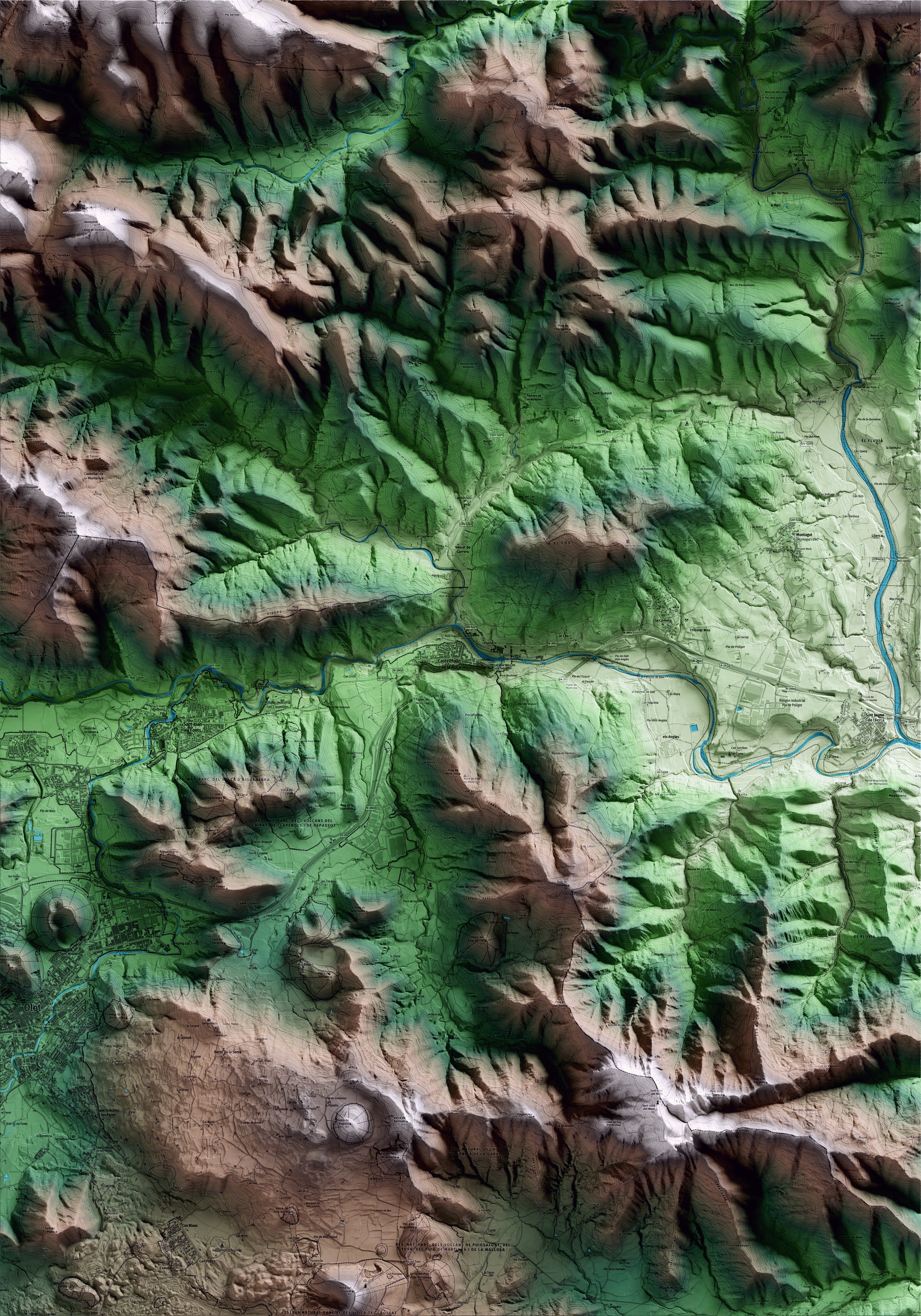 Mapa artístico del relieve de Castellfollit de la Roca, a la Garrotxa, con 15 km de entorno y base topográfica ICGC
