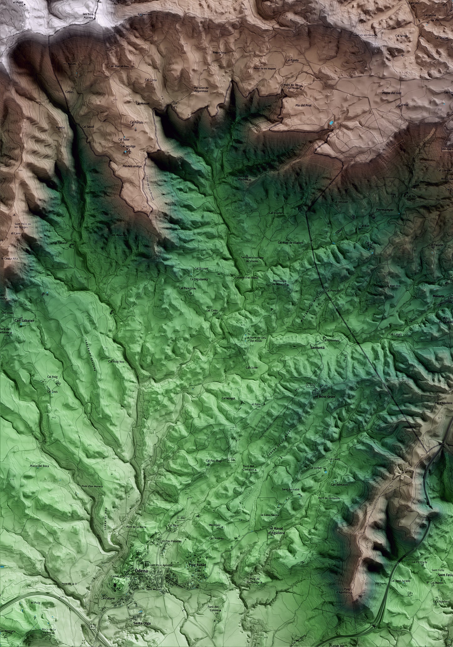 Mapa artístico del relieve de Castellfollit del Boix, al Bages, con 15 km de entorno y base topográfica ICGC. Detalle de la zona inferior izquierda.