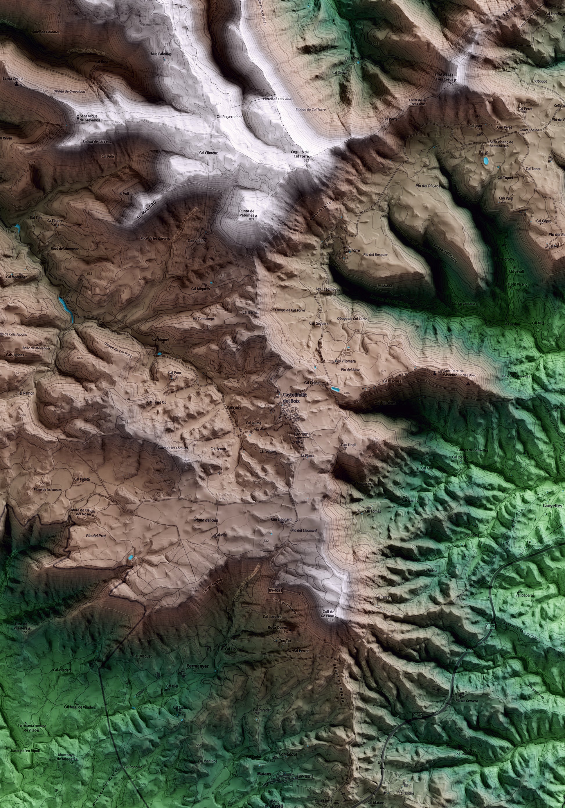 Mapa artístico del relieve de Castellfollit del Boix, al Bages, con 15 km de entorno y base topográfica ICGC. Detalle de la zona central.