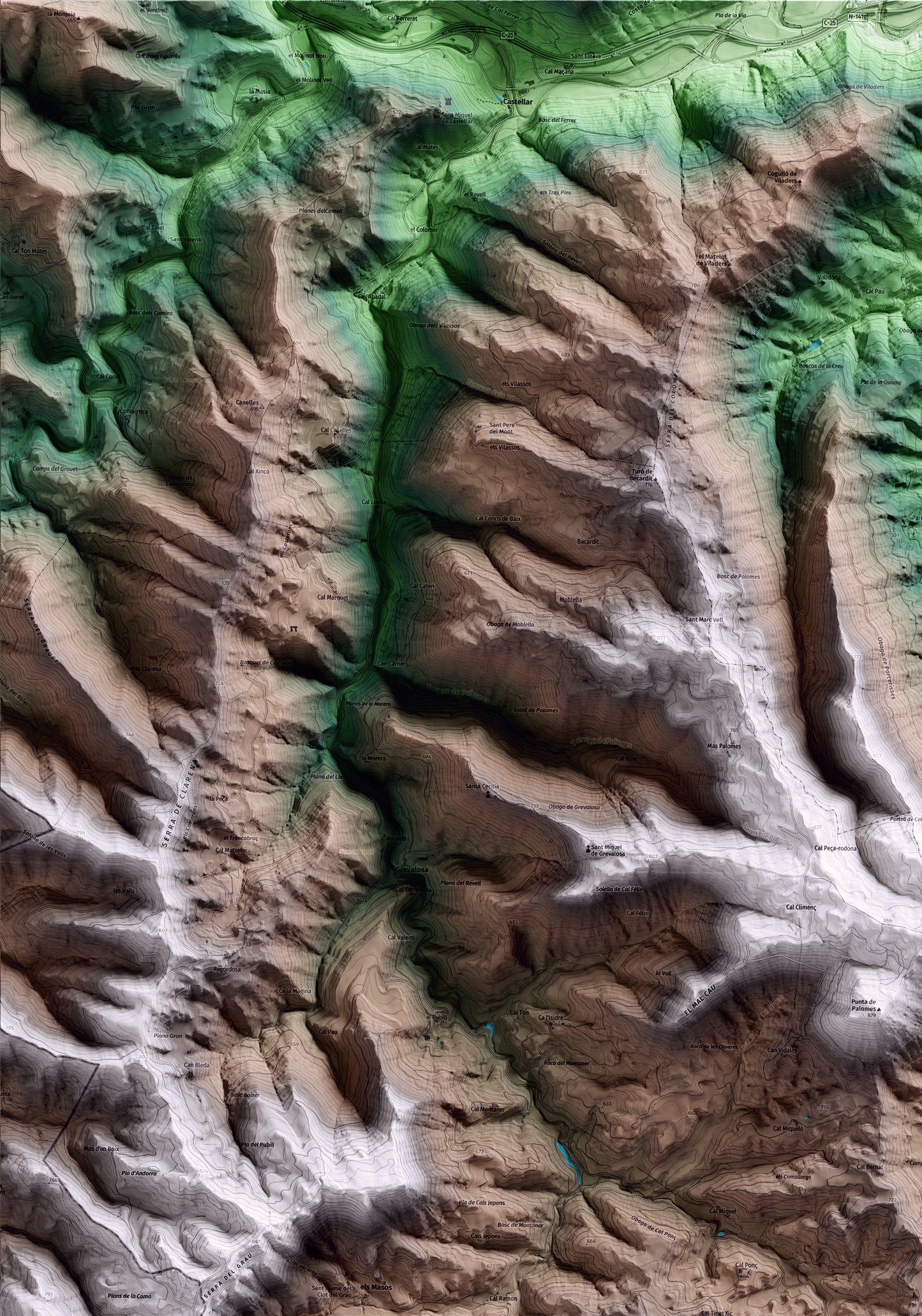 Mapa artístico del relieve de Castellfollit del Boix, al Bages, con 15 km de entorno y base topográfica ICGC. Detalle de la zona superior izquierda.