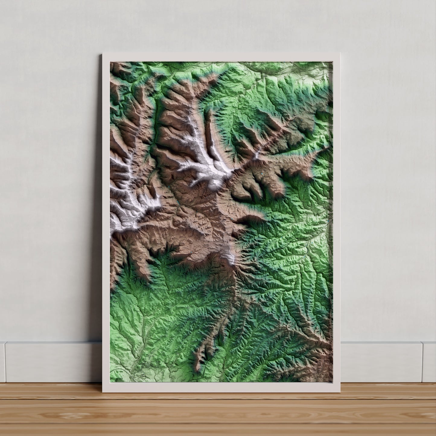 Mapa artístico del relieve de Castellfollit del Boix, al Bages, con 15 km de entorno y base topográfica ICGC. Presentación enmarcada.