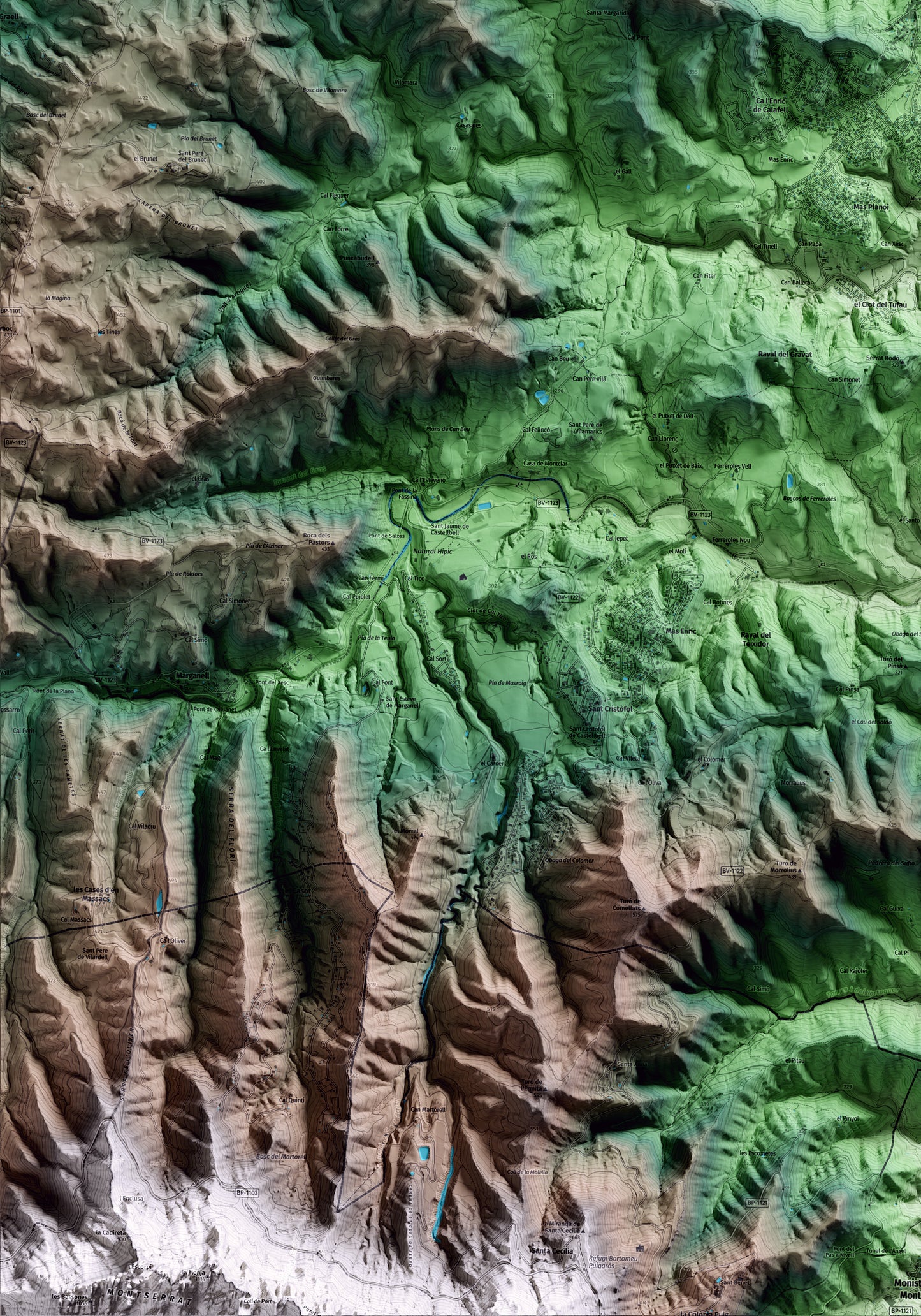 Mapa artístico del relieve de Castellgalí, al Bages, con 15 km de entorno y base topográfica ICGC. Detalle de la zona inferior izquierda.