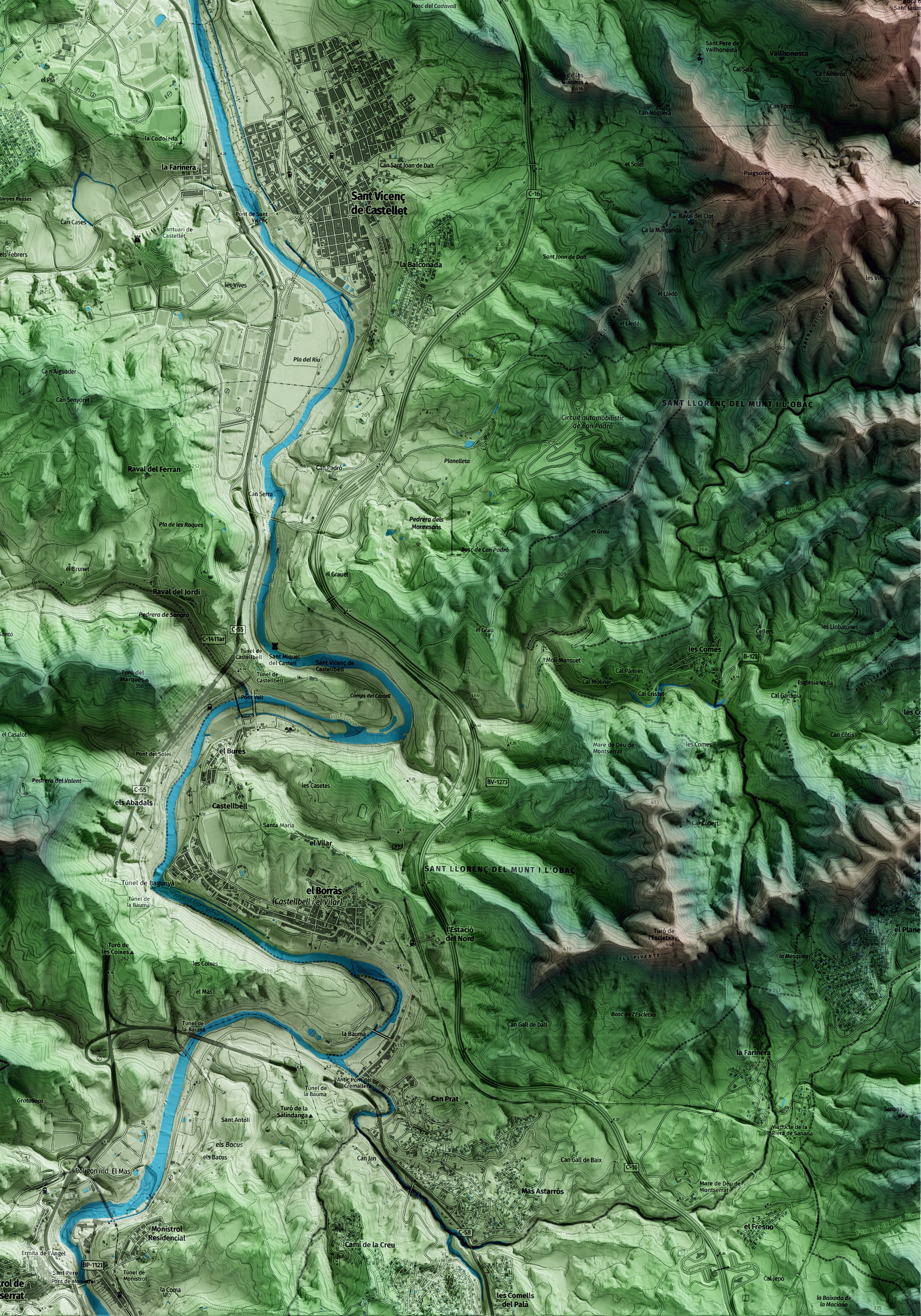 Mapa artístico del relieve de Castellgalí, al Bages, con 15 km de entorno y base topográfica ICGC. Detalle de la zona inferior derecha.