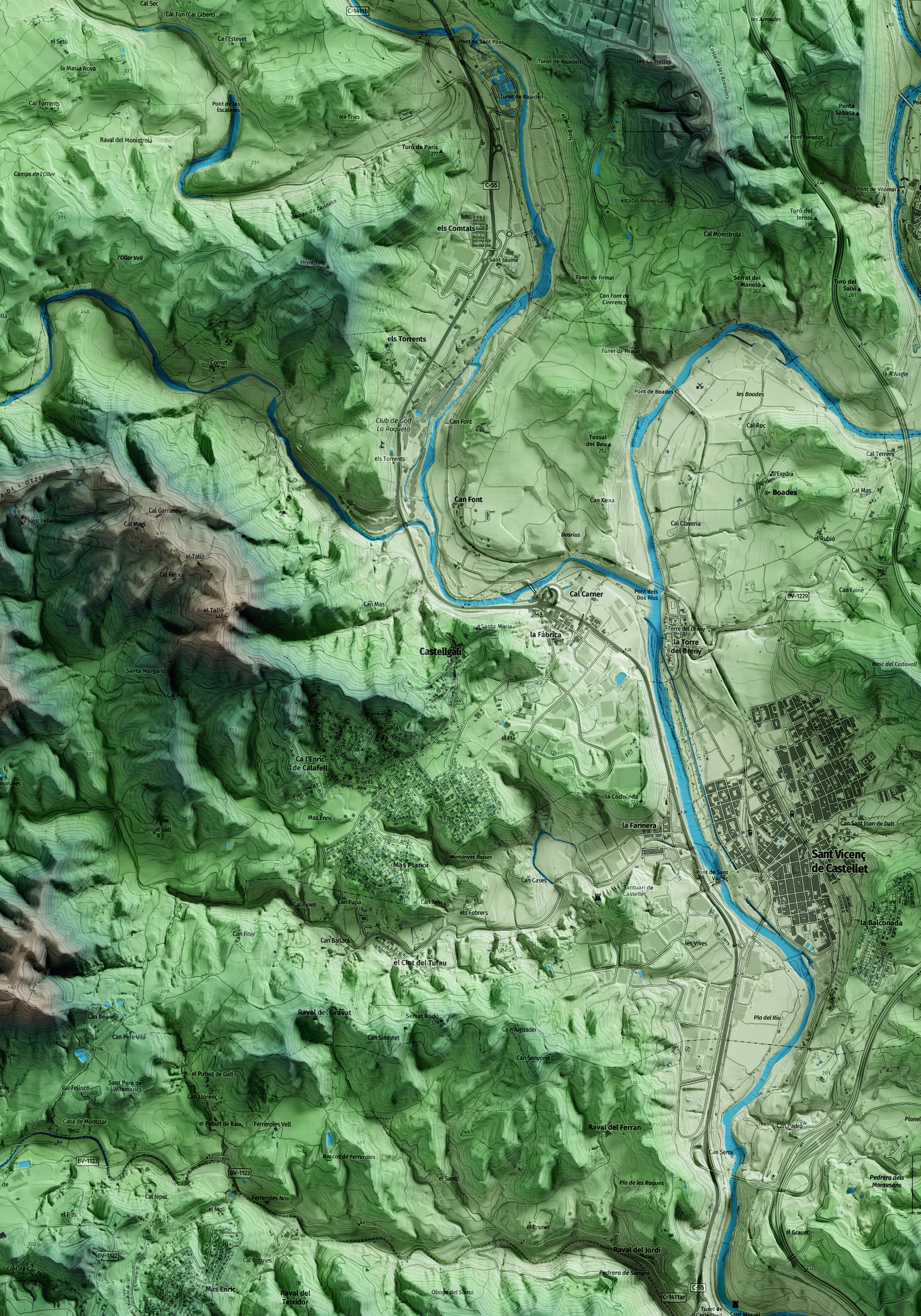 Mapa artístico del relieve de Castellgalí, al Bages, con 15 km de entorno y base topográfica ICGC. Detalle de la zona central.