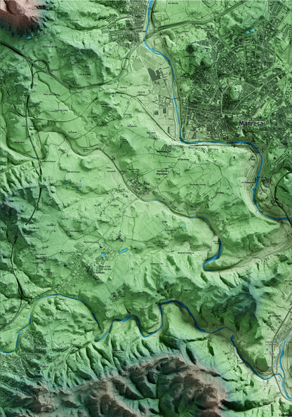 Mapa artístico del relieve de Castellgalí, al Bages, con 15 km de entorno y base topográfica ICGC. Detalle de la zona superior izquierda.